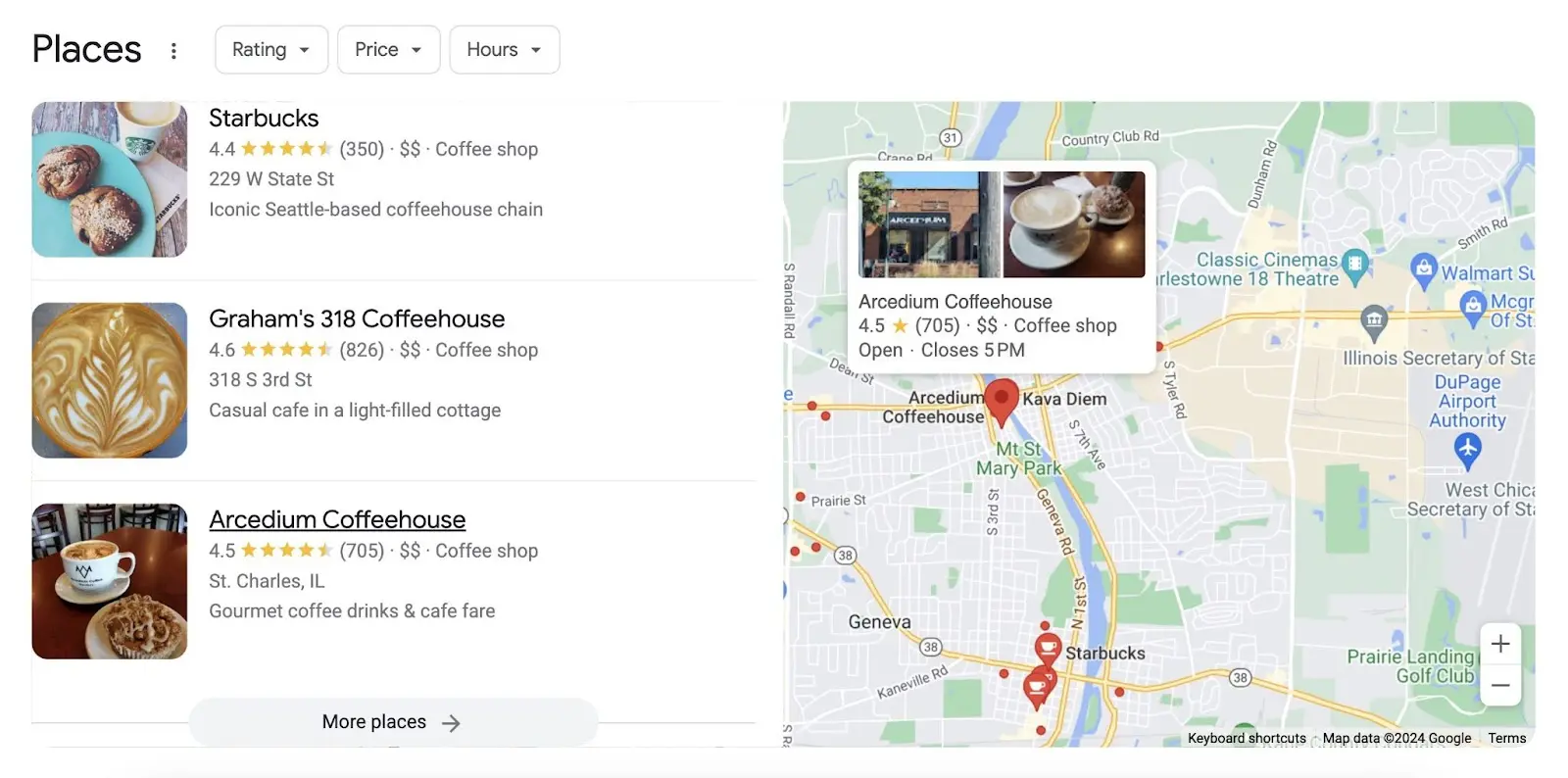 Places search results on Google SERP showing coffee shops with Arcedium Coffeehouse selected