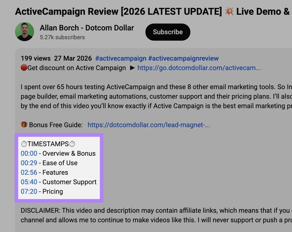 The timestamps outlining the key moments of the video as brief labels in chronological order.
