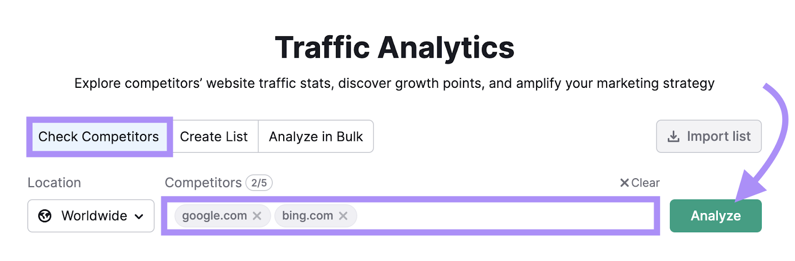 "google.com," and "sr02.myamztools.com/__blocked-external" entered into Traffic Analytics search bar