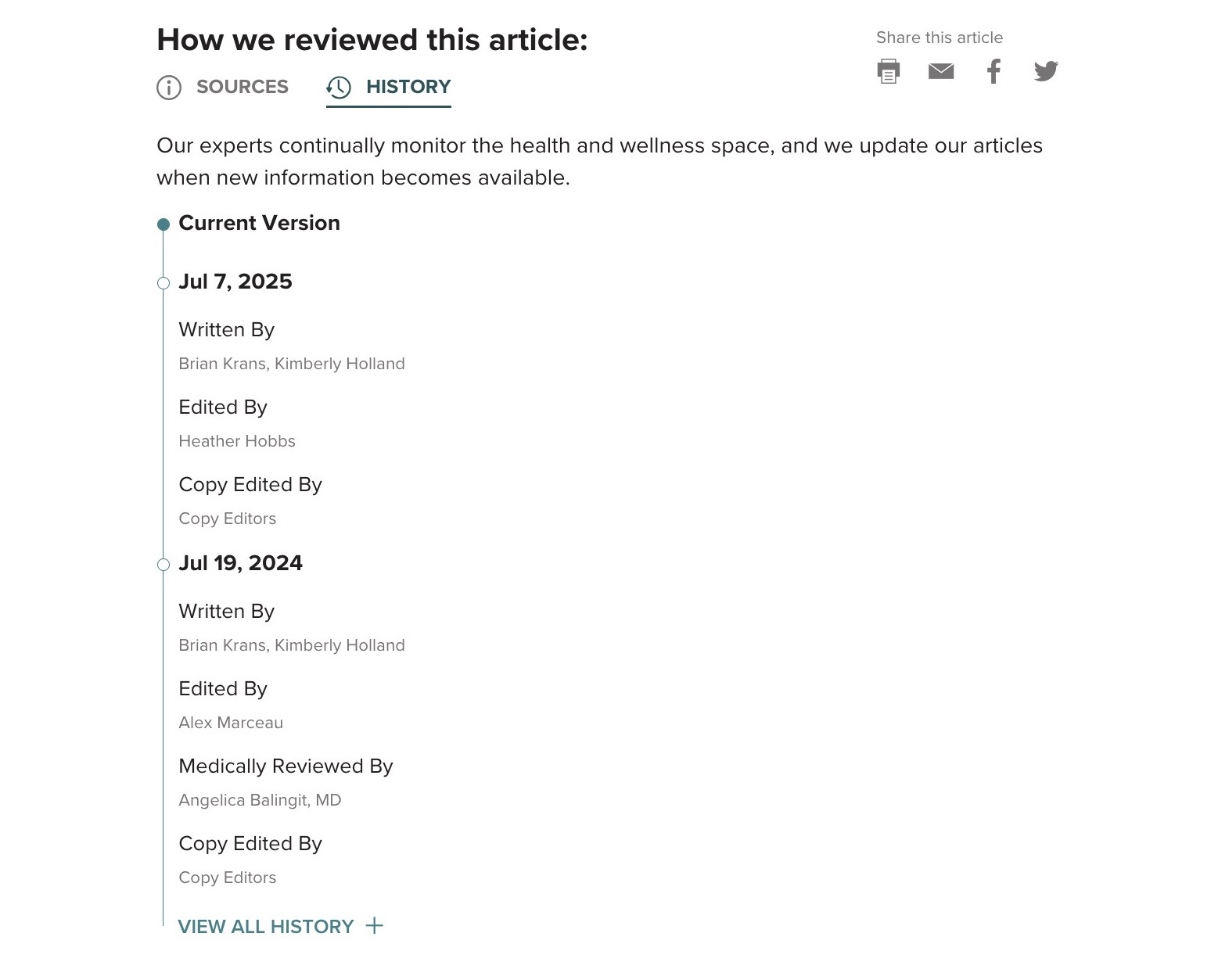 A "How we reviewed this article" section at the bottom of a pillar page by Healthline.