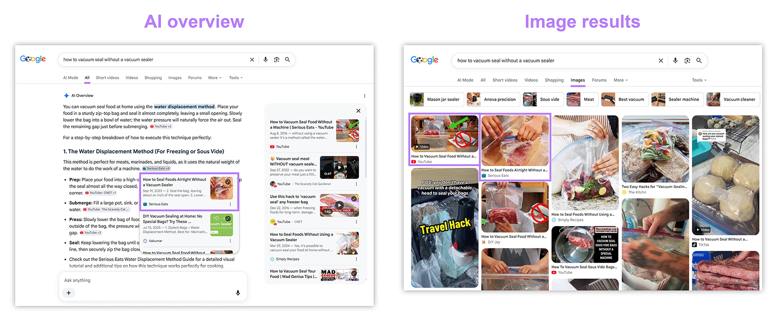 Google AI Overview citation and image results for vacuum sealing food without a vacuum sealer with Serious Eats results highlighted