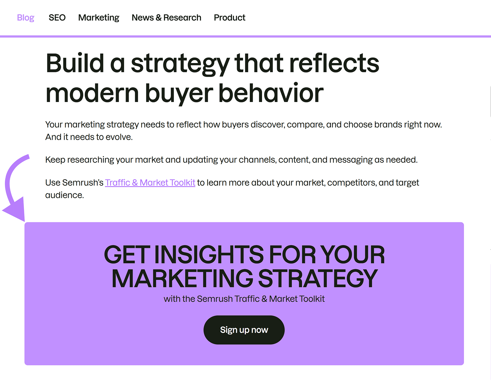 Semrush blog post with a large purple call to action for the Traffic & Market Toolkit