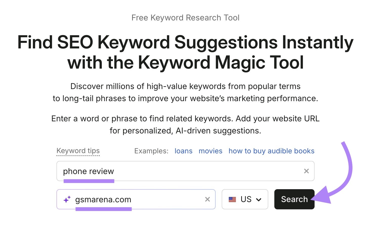 Keyword Magic Tool with "phone review" entered as the term, "gsmarena.com" as the domain, and "Search" clicked.
