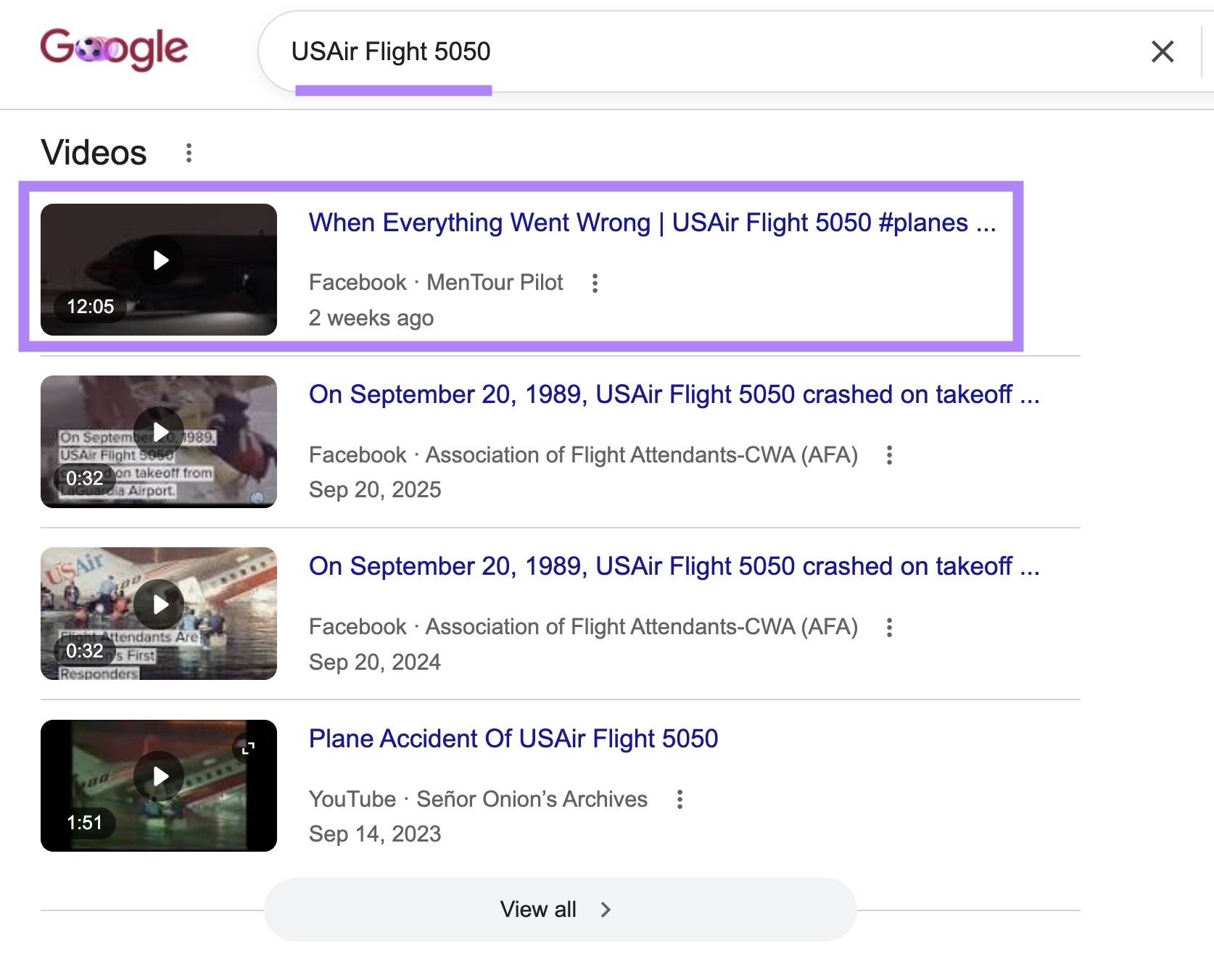 Google SERP with "USAir Flight 5050" entered with the top video result highlighted.