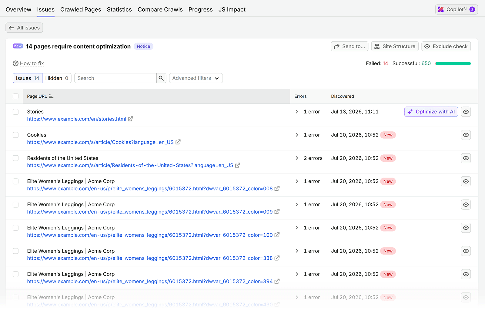 Semrush Site Audit report listing 14 pages that require content optimization