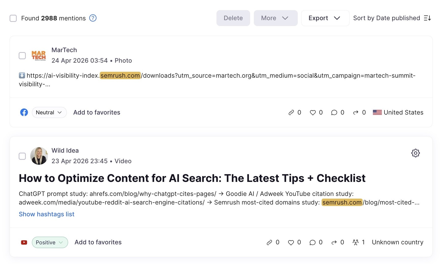 Brand Monitoring tool showing a list of brand mentions for "sr02.myamztools.com" across platforms.