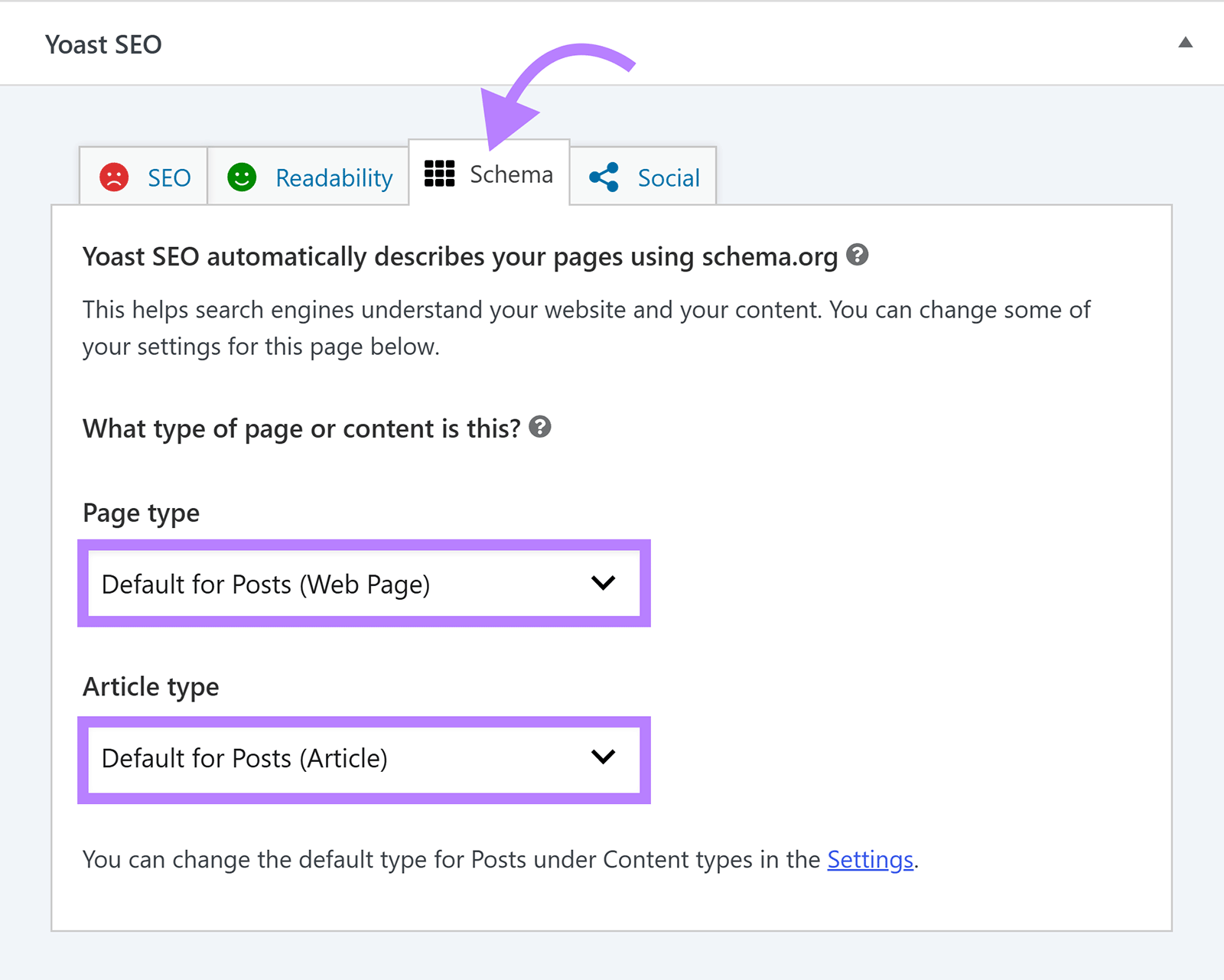 Yoast SEO Schema tab in WordPress with dropdowns for selecting the page type and article type
