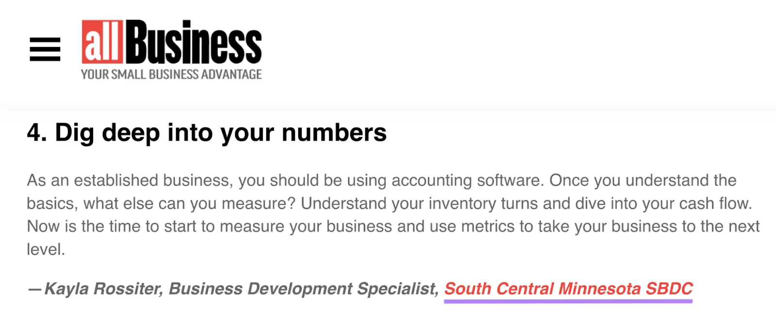 AllBusiness article showing an author bio with a linked organization name