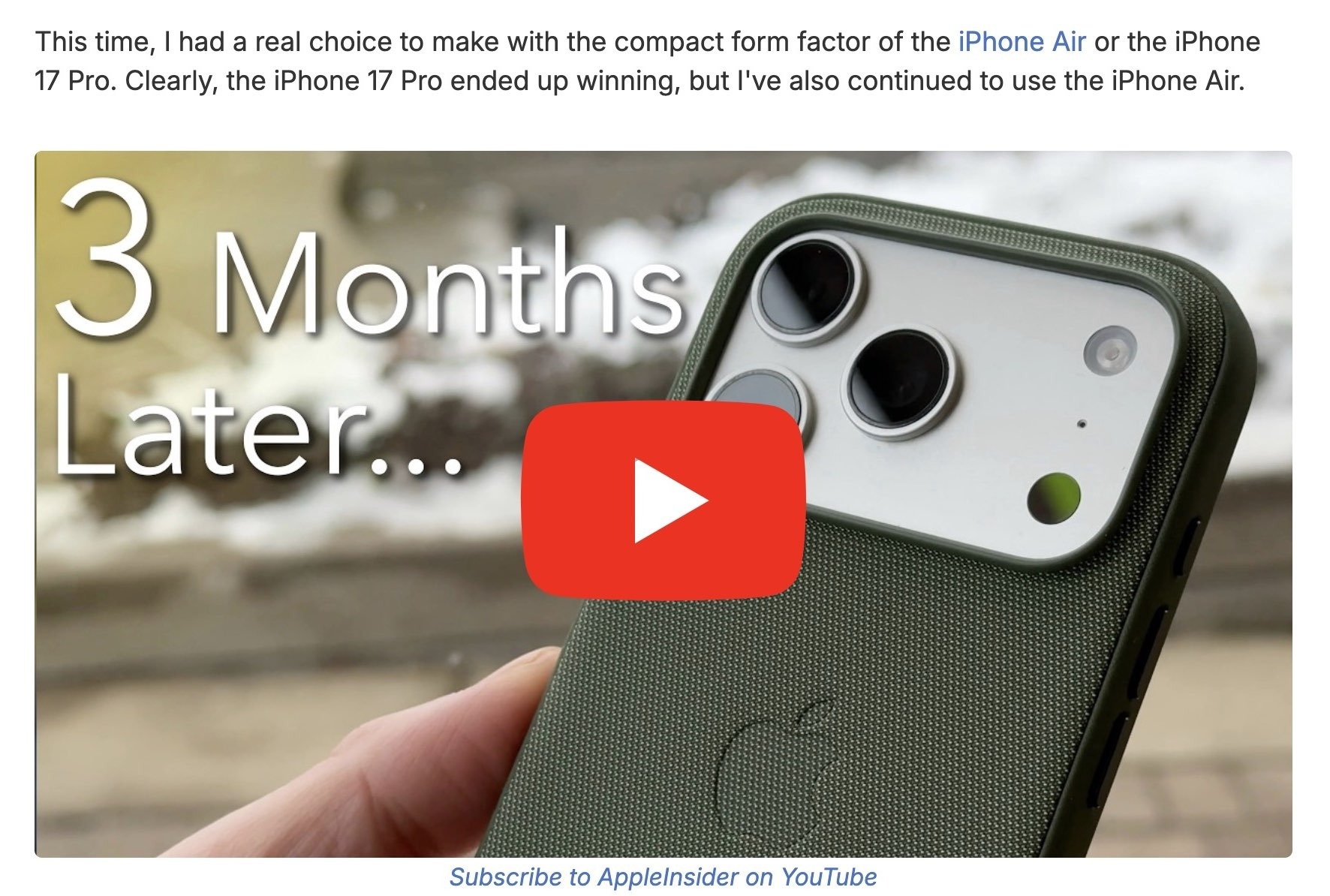 A YouTube video review of the iPhone 17 Pro by AppleInsider embedded in a blog post on the same topic.