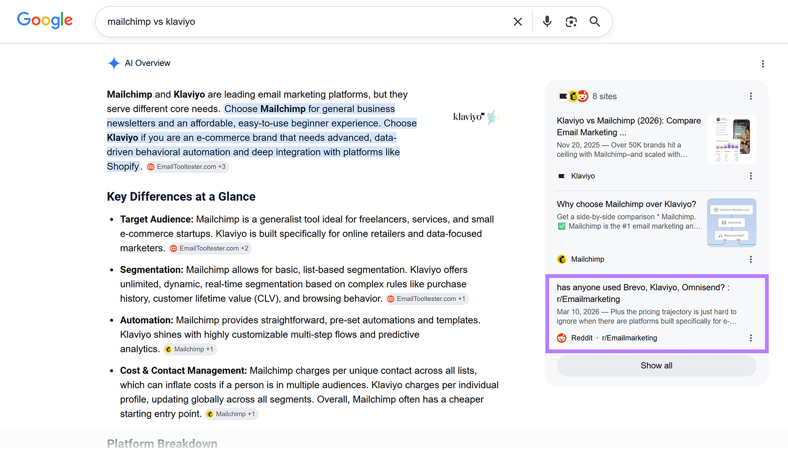 Google AI Overview for Mailchimp vs. Klaviyo with a Reddit thread highlighted as a source