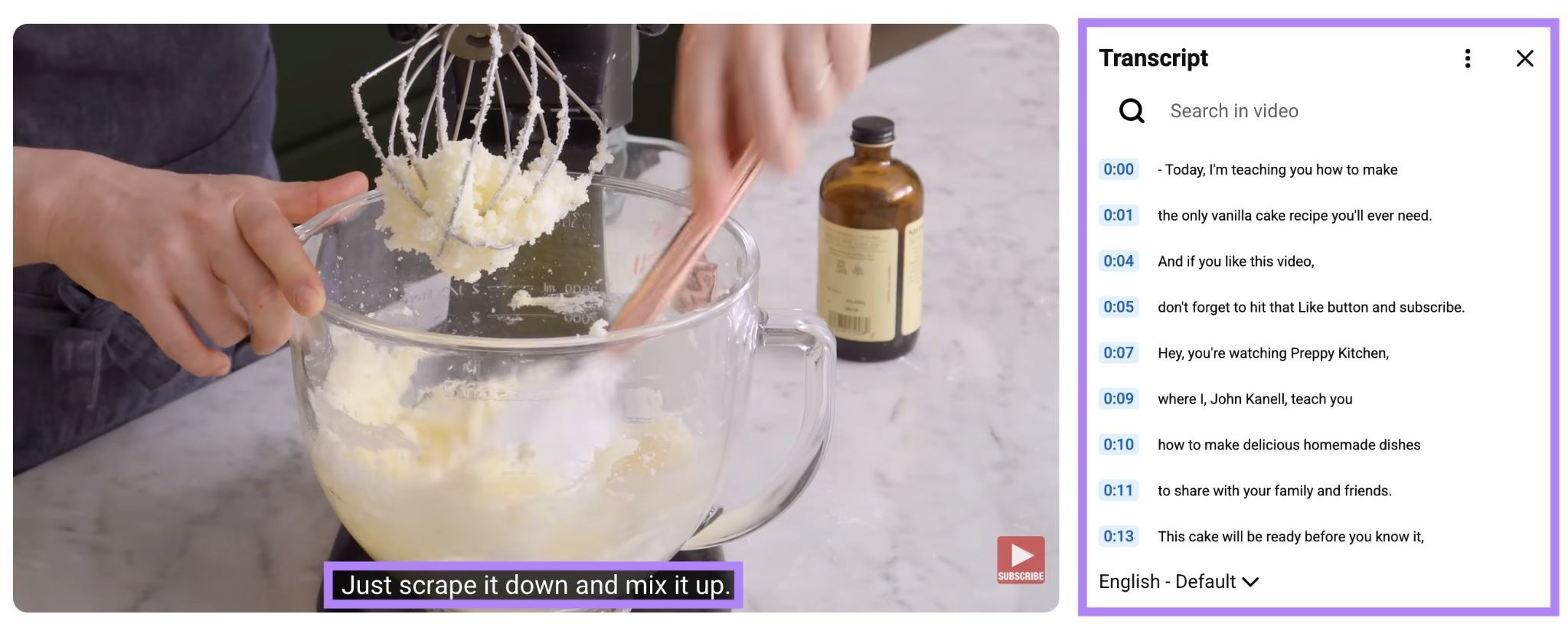 The closed captions and transcript highlighted on a YouTube video.