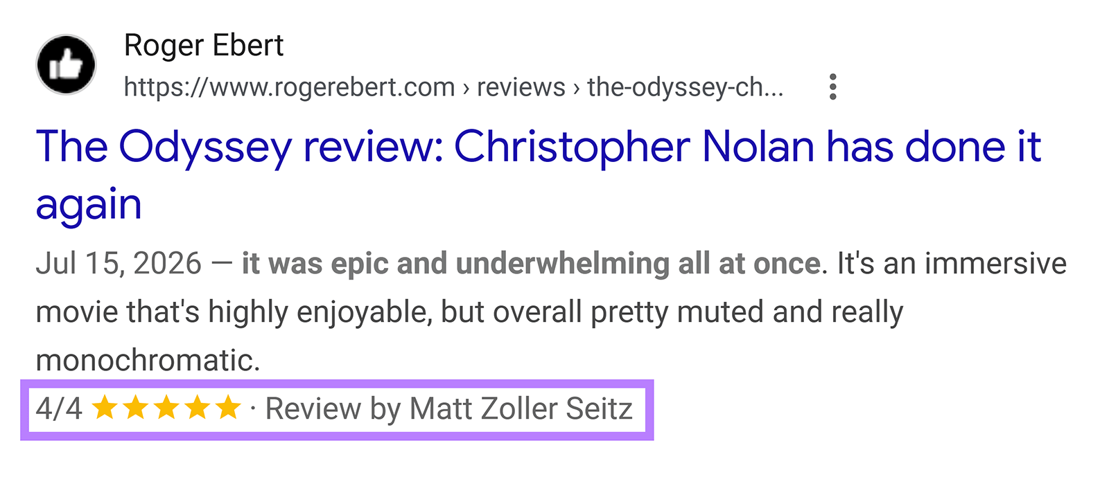 Google review rich result for The Odyssey showing a 4-out-of-4 rating and reviewer Matt Zoller Seitz