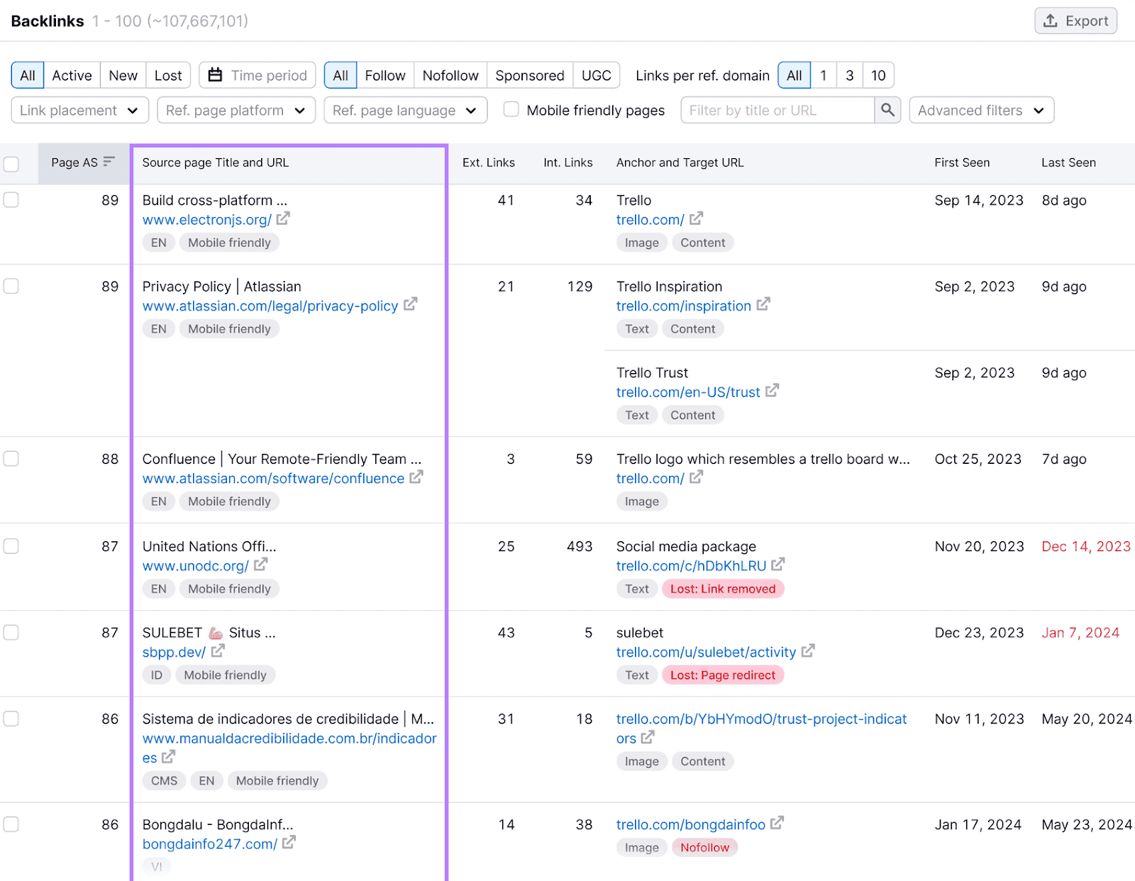 Backlinks UI showing a backlinks report with multiple columns, with the "Source page..." column in a purple box.