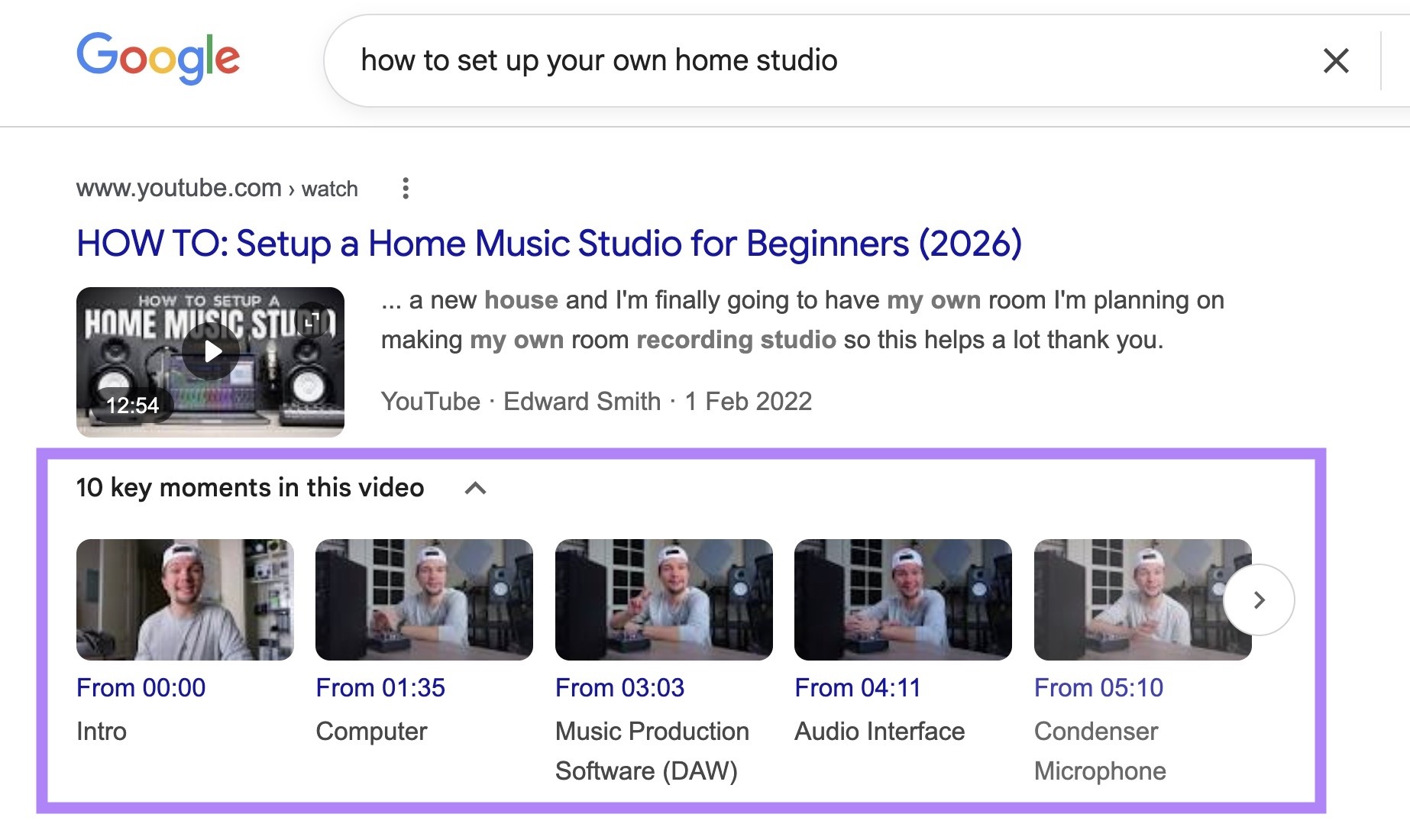 A video result on Google with the "10 key moments in this video" section highlighted.