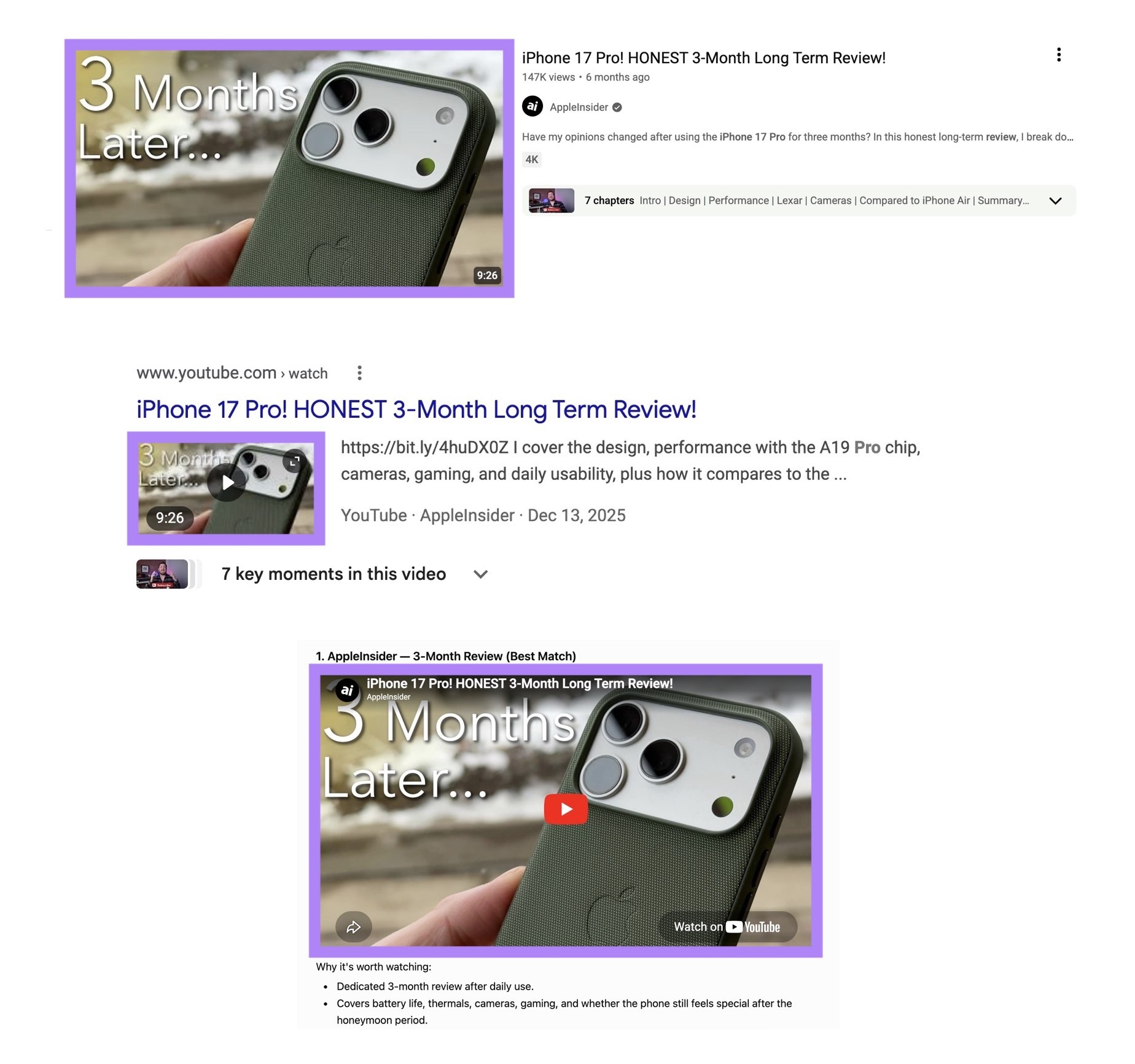 How a YouTube video thumbnail appears on YouTube, Google, and ChatGPT.