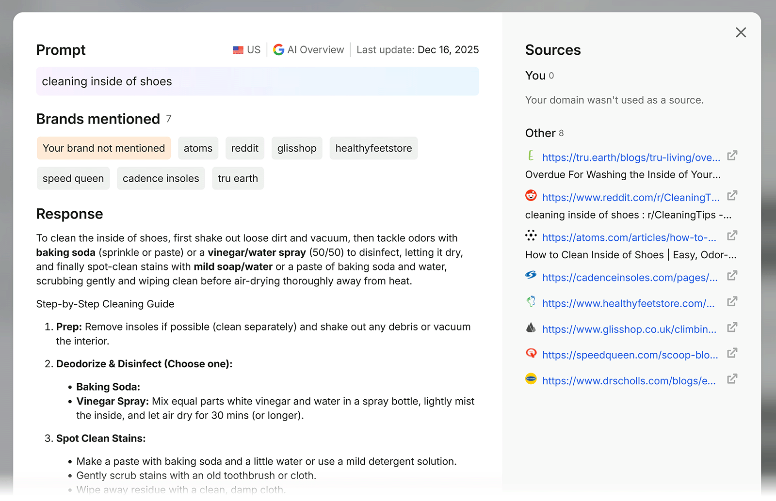 Semrush prompt details pop-up showing an AI response, mentioned brands, and sources