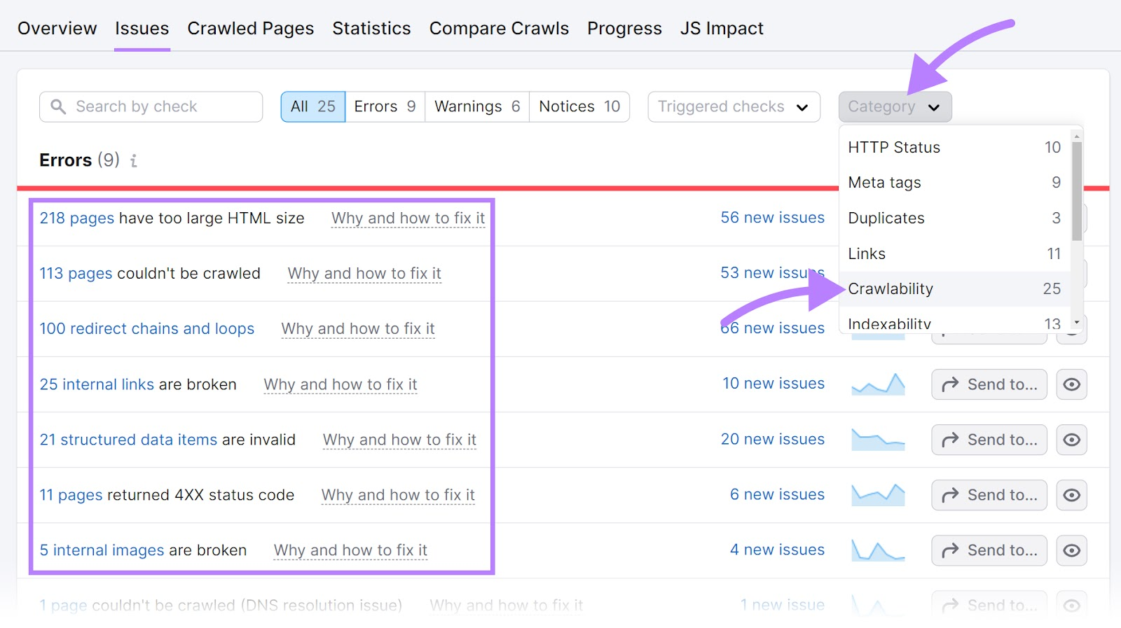 Filtering Site Audit's "Issues" report for crawlability issues