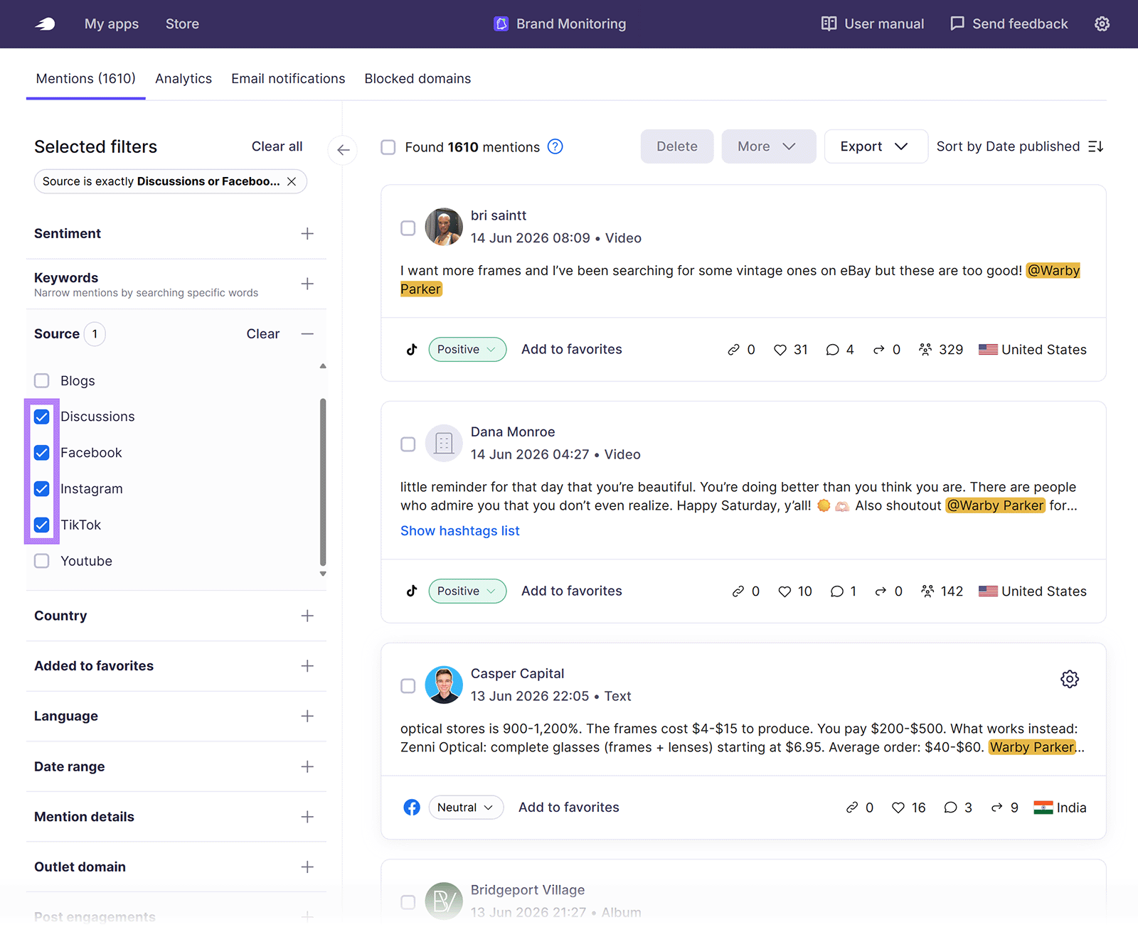 Semrush Brand Monitoring report showing social media mentions for Warby Parker
