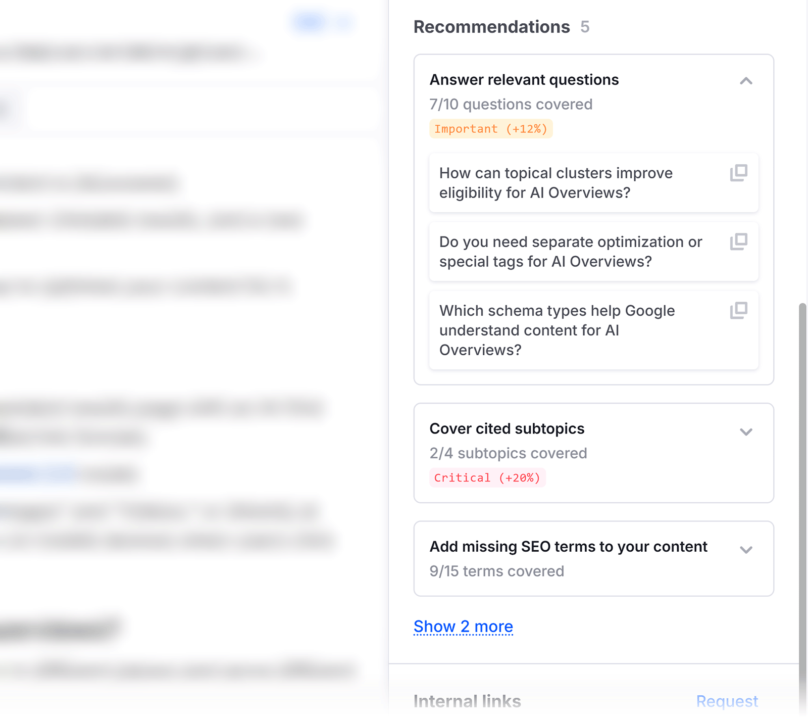 Semrush content optimization recommendations listing unanswered questions, missing subtopics, and missing SEO terms