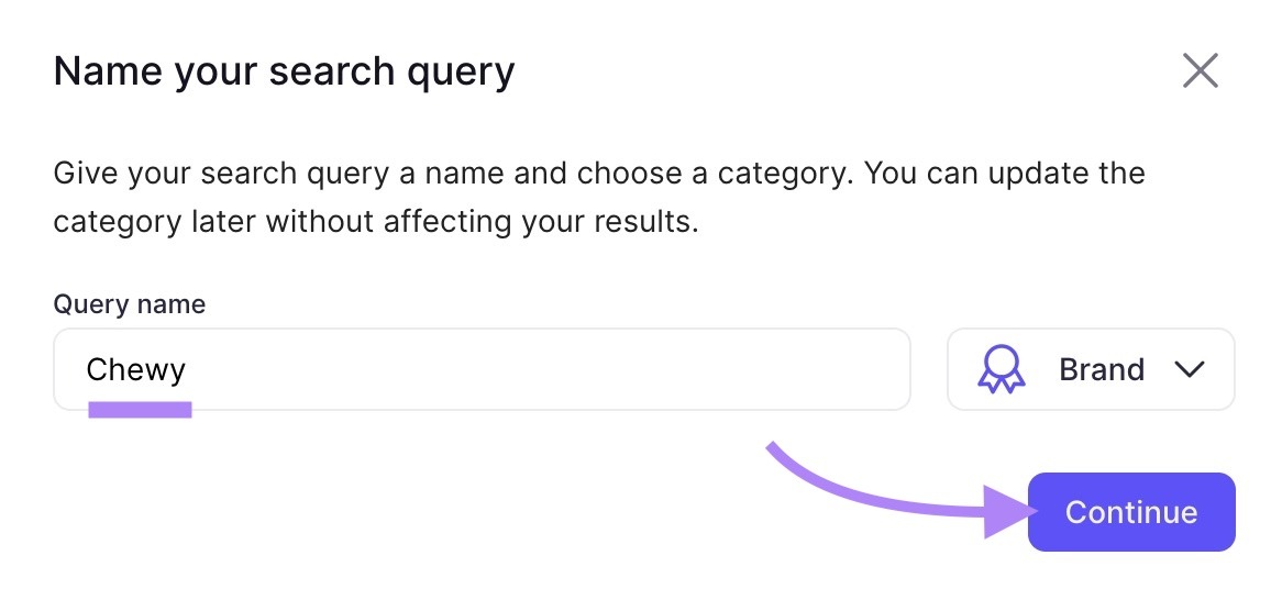 Brand Monitoring tool start with a brand name, "Chewy", entered and the "Continue" button clicked.