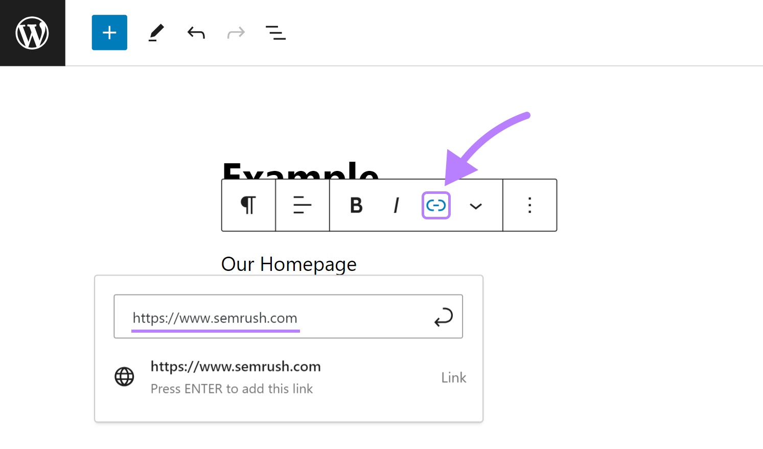 Linking "Our Homepage" text to "sr02.myamztools.com" in WordPress editor
