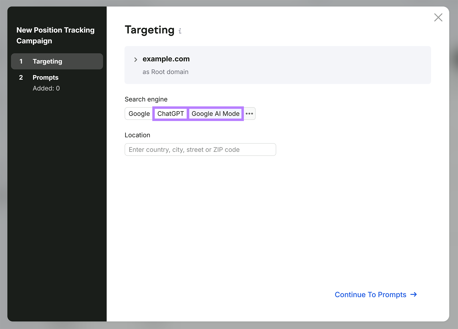 Semrush Position Tracking setup showing ChatGPT and Google AI Mode as search engines