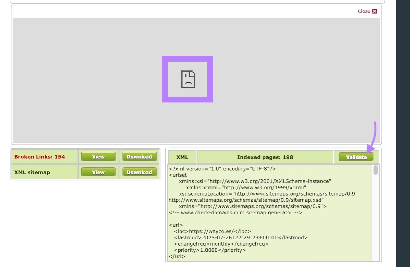 CheckDomains sitemap generator with the button to validate the sitemap highlighted.