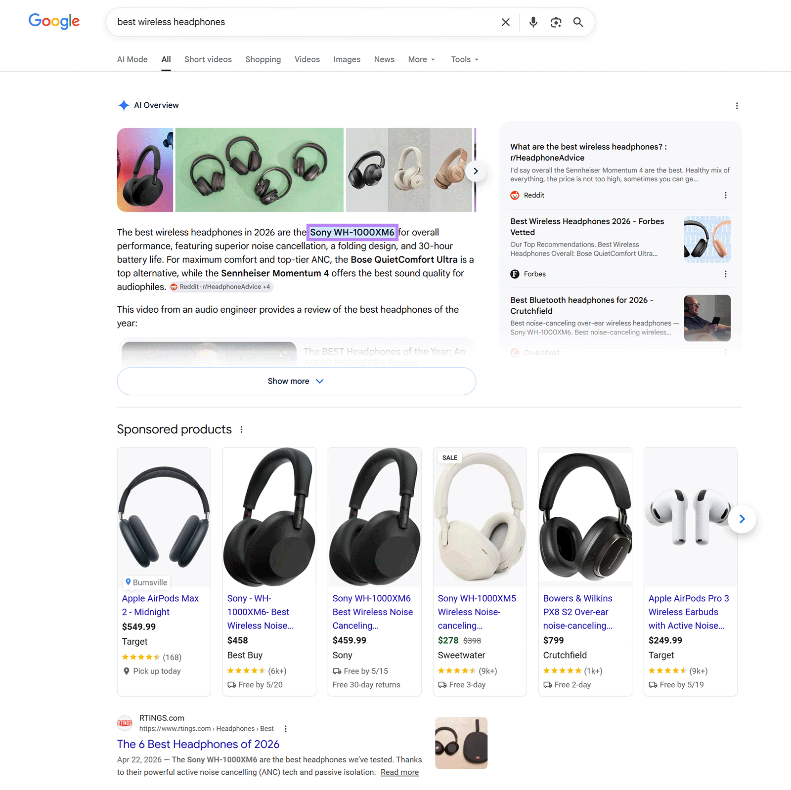 Google AI Overview for “best wireless headphones” with product recommendations and sponsored listings