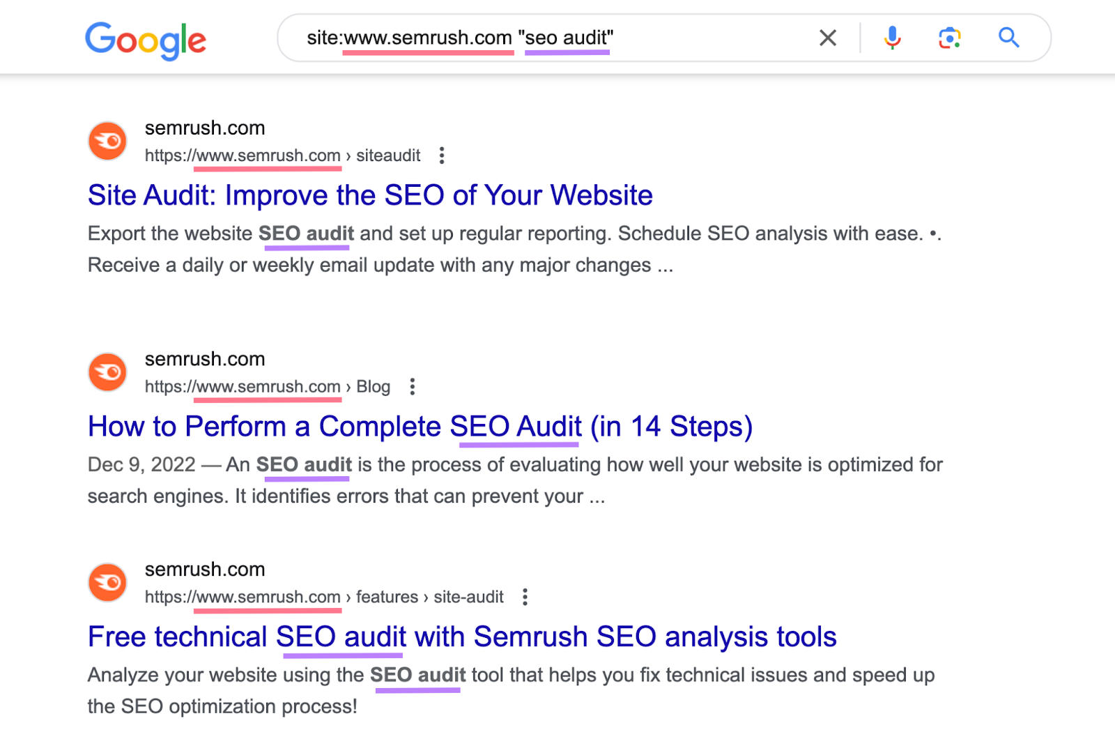 search for "site:sr02.myamztools.com "seo audit"" shows list of urls on semrush with keyword mentioned