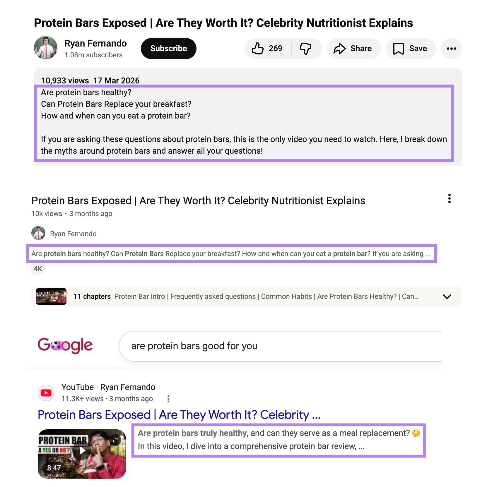 How the description of a YouTube video appears below the video, in the YouTube SERP, and Google SERP.
