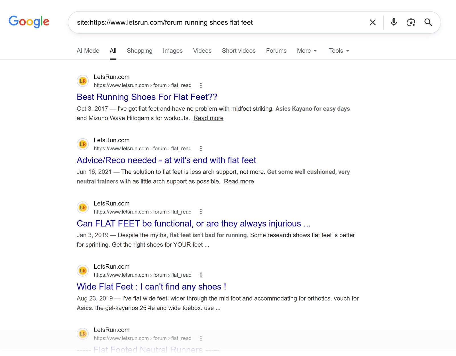 Google site search results for LetsRun forum posts about running shoes for flat feet