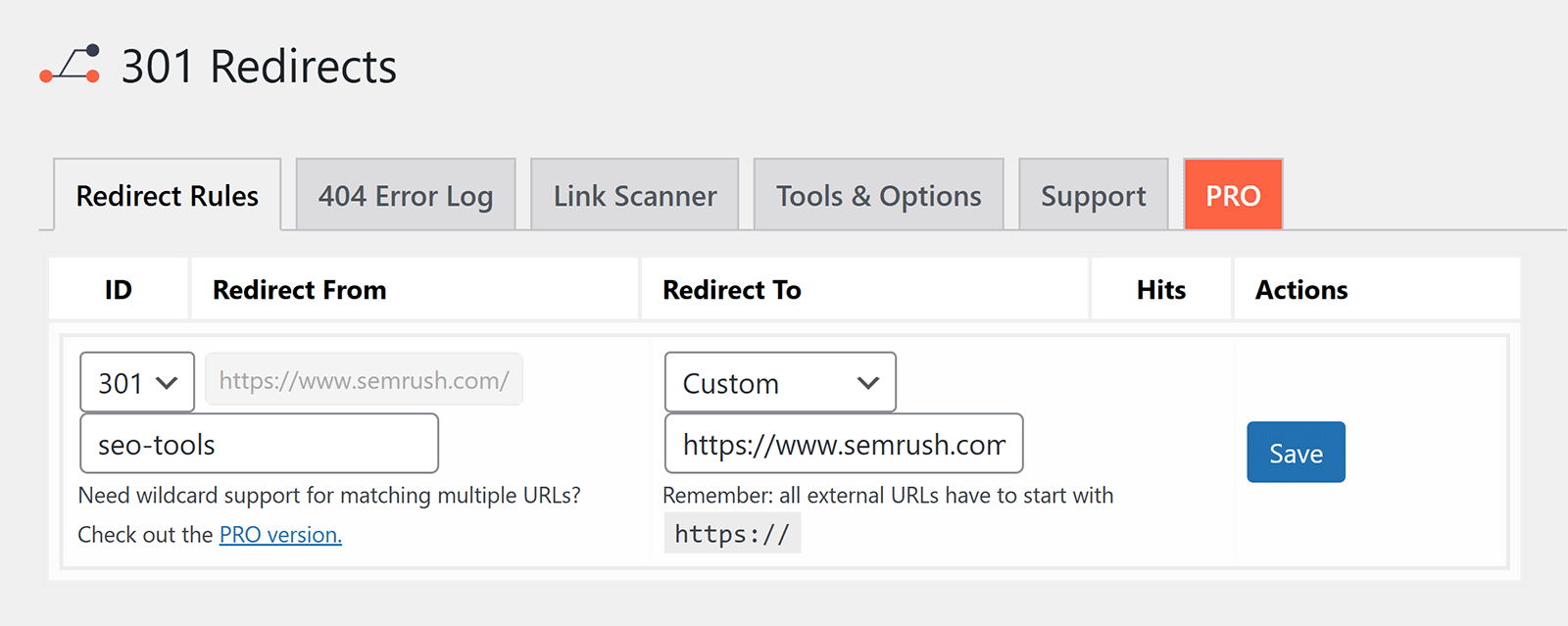 301 redirect plugin interface with URL path entered and custom destination set to sr02.myamztools.com URL.