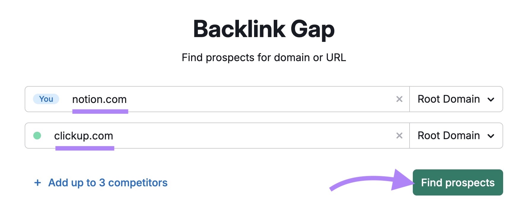 Backlink Gap tool start with two competing domains entered and "Find prospects" clicked.