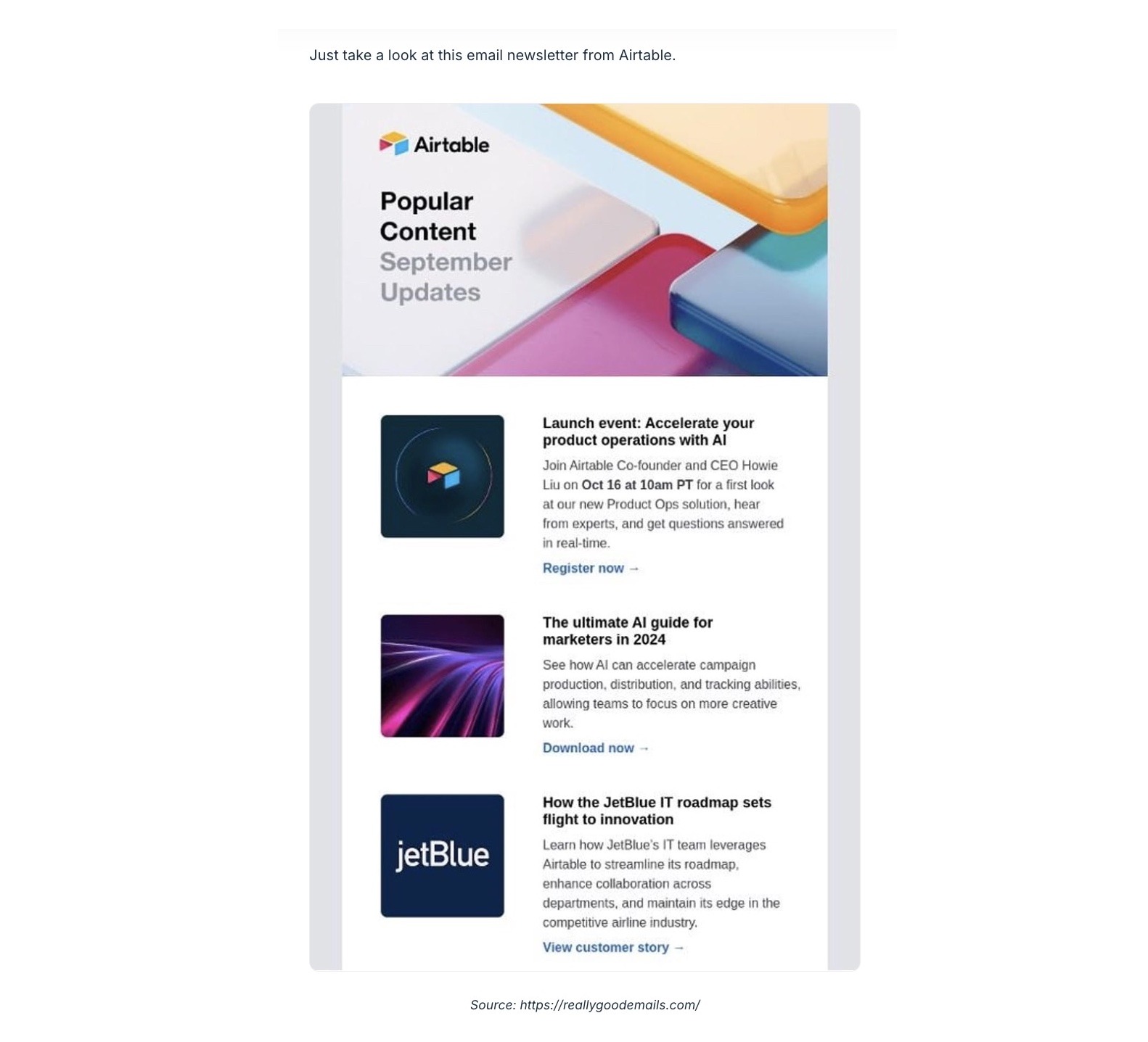 Using a screenshot of an email newsletter to better explain a concept.