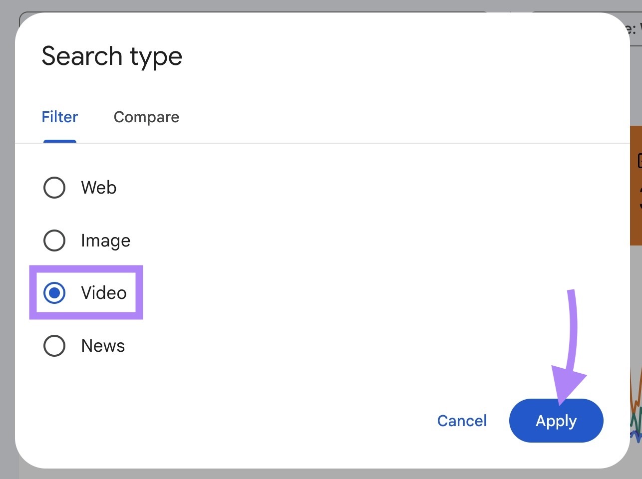 "Video" selected as the search type on Google Search Console along with "Apply" clicked.