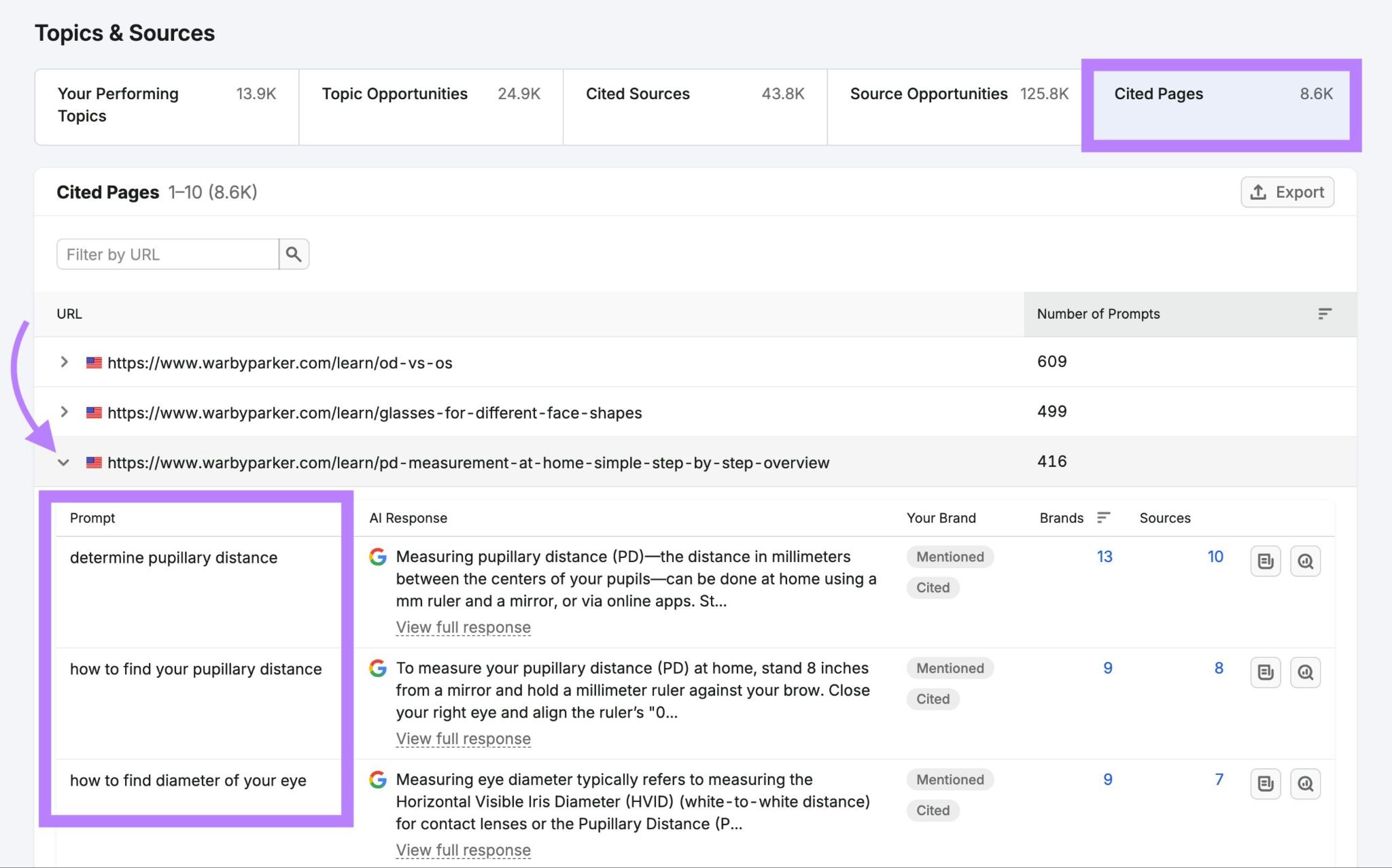 Cited Pages on Topics & Sources with a page expanded to show the prompts that led to citations.
