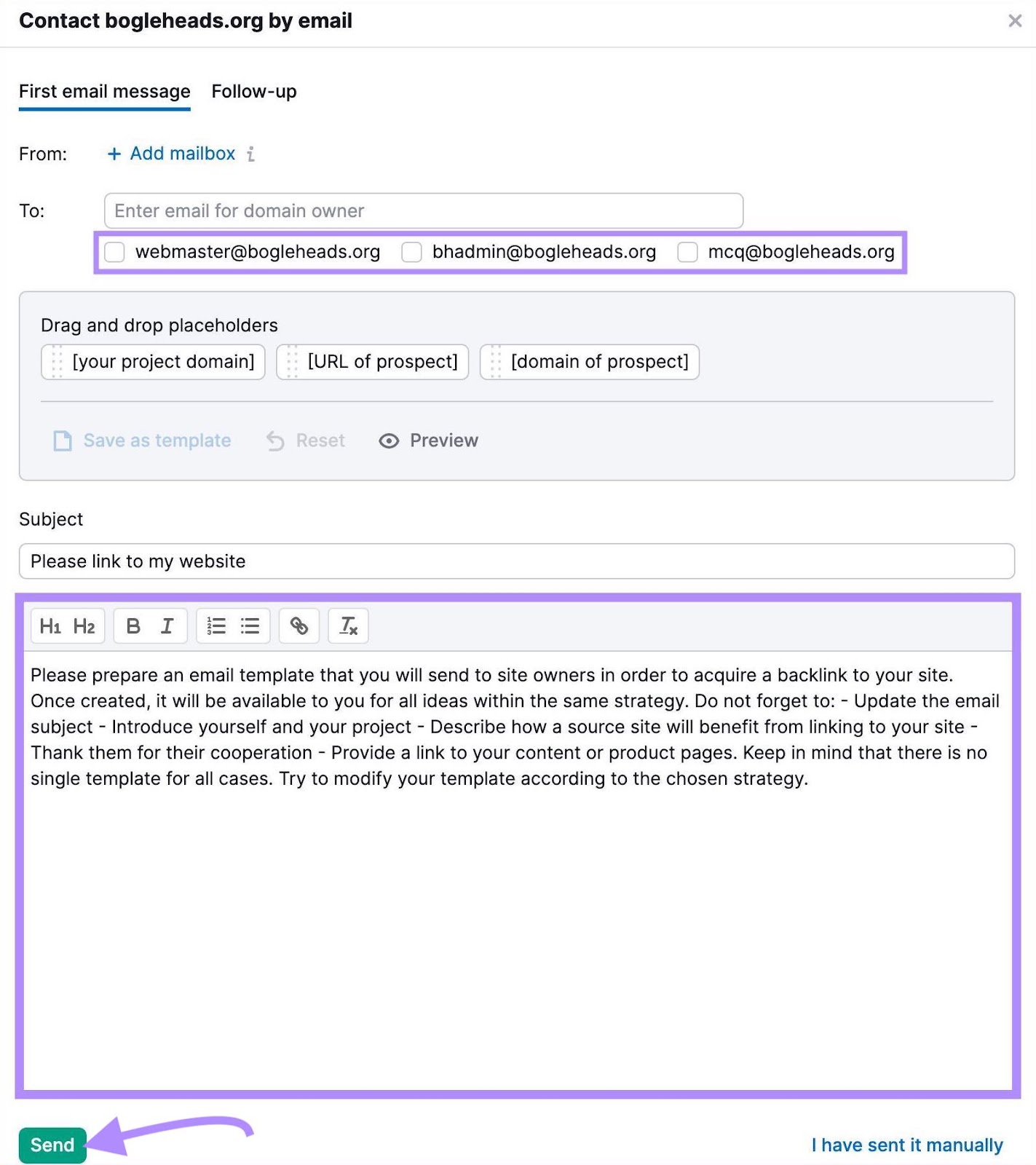 An email editor screen in Link Building Tool