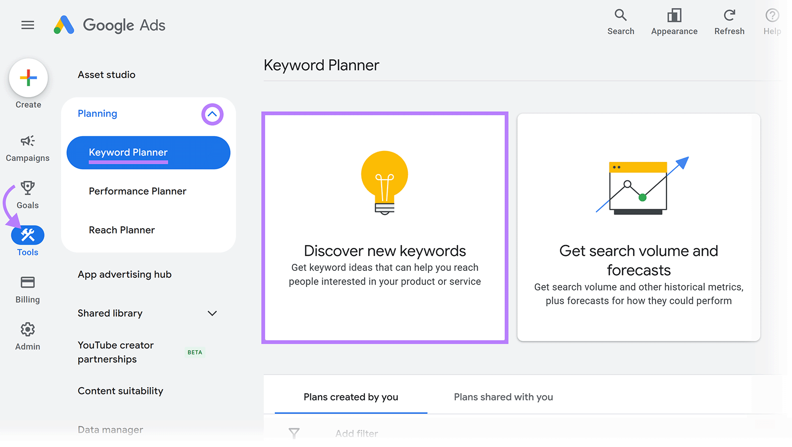 Google Ads Keyword Planner screen with the Discover new keywords option highlighted
