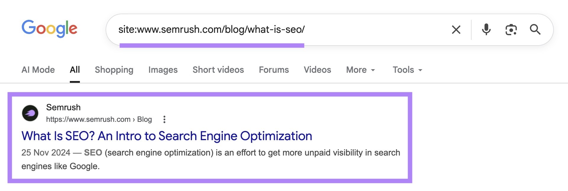 SERP for “site:sr02.myamztools.com/blog/what-is-seo/” with the top result highlighted.