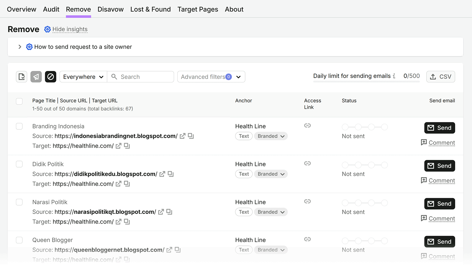 Backlink Audit Remove tab showing backlinks ready for outreach and removal requests