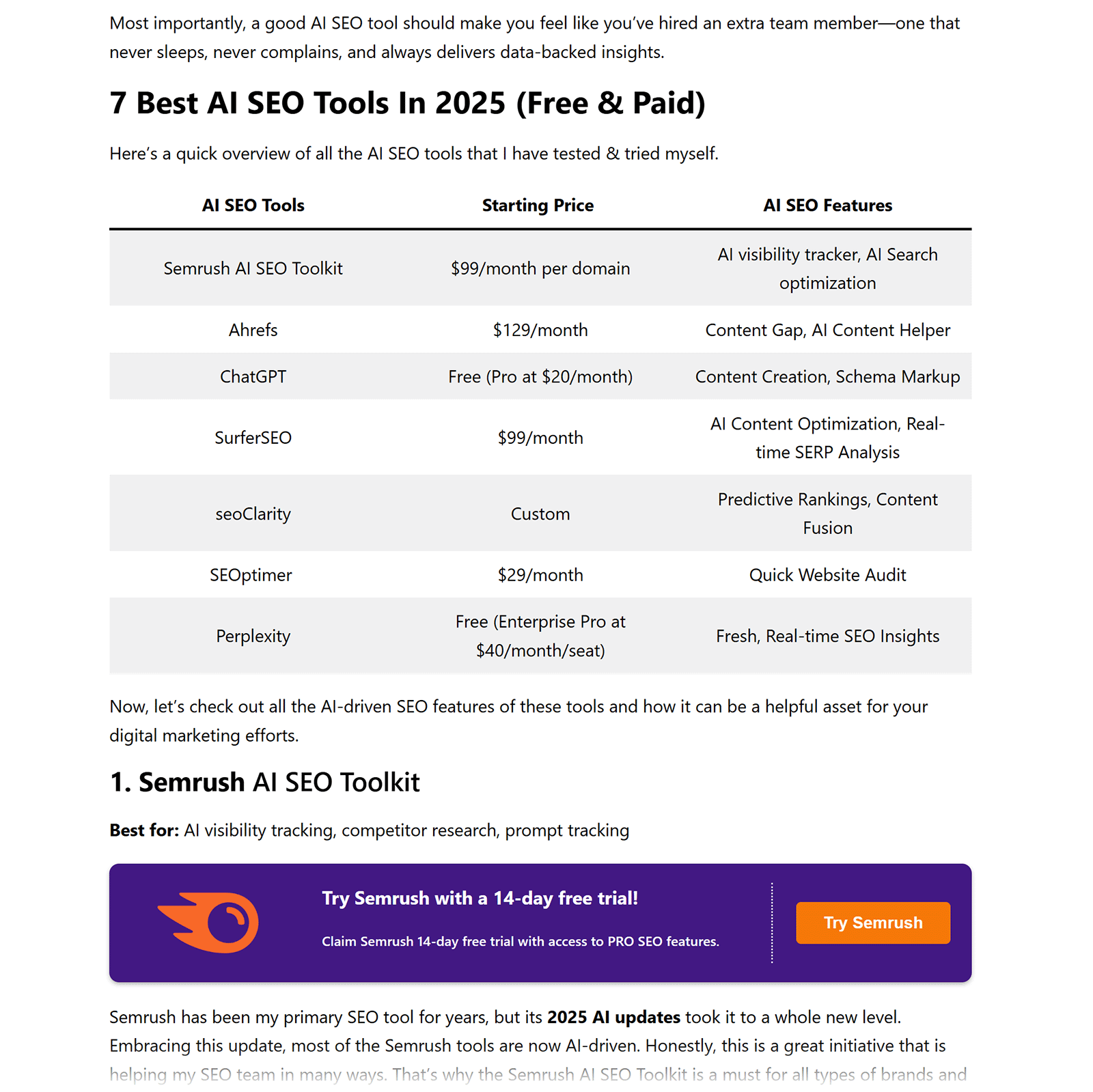 Table listing top AI SEO tools with columns for starting price and key features.