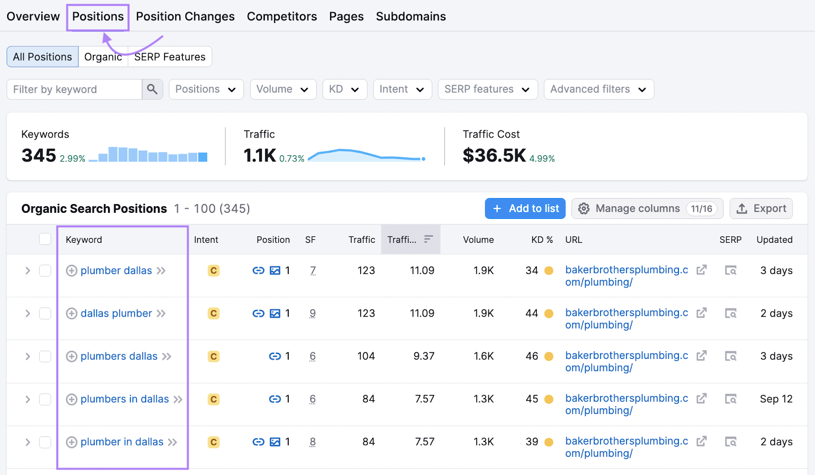 “Positions” tab in Organic Rankings tool