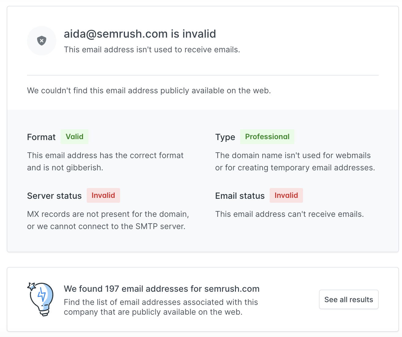 Hunter's results for an invalid email address "aida@sr02.myamztools.com"