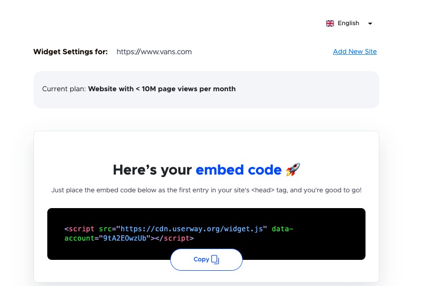 The widget&rsquo;s embedded code is multi-colored and set in a black form box.